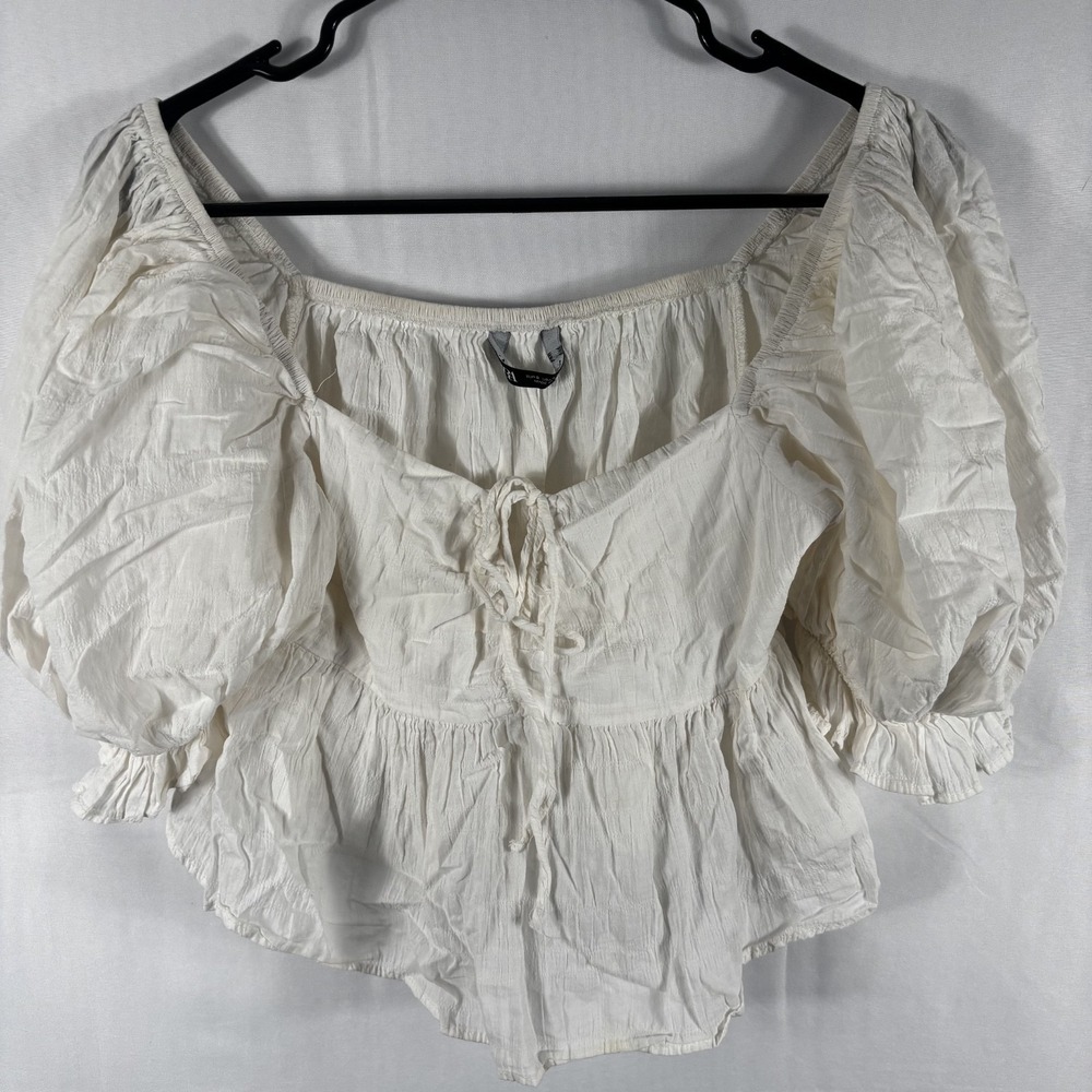 Zara White Puff Sleeve Peplum Tie- Front Blouse